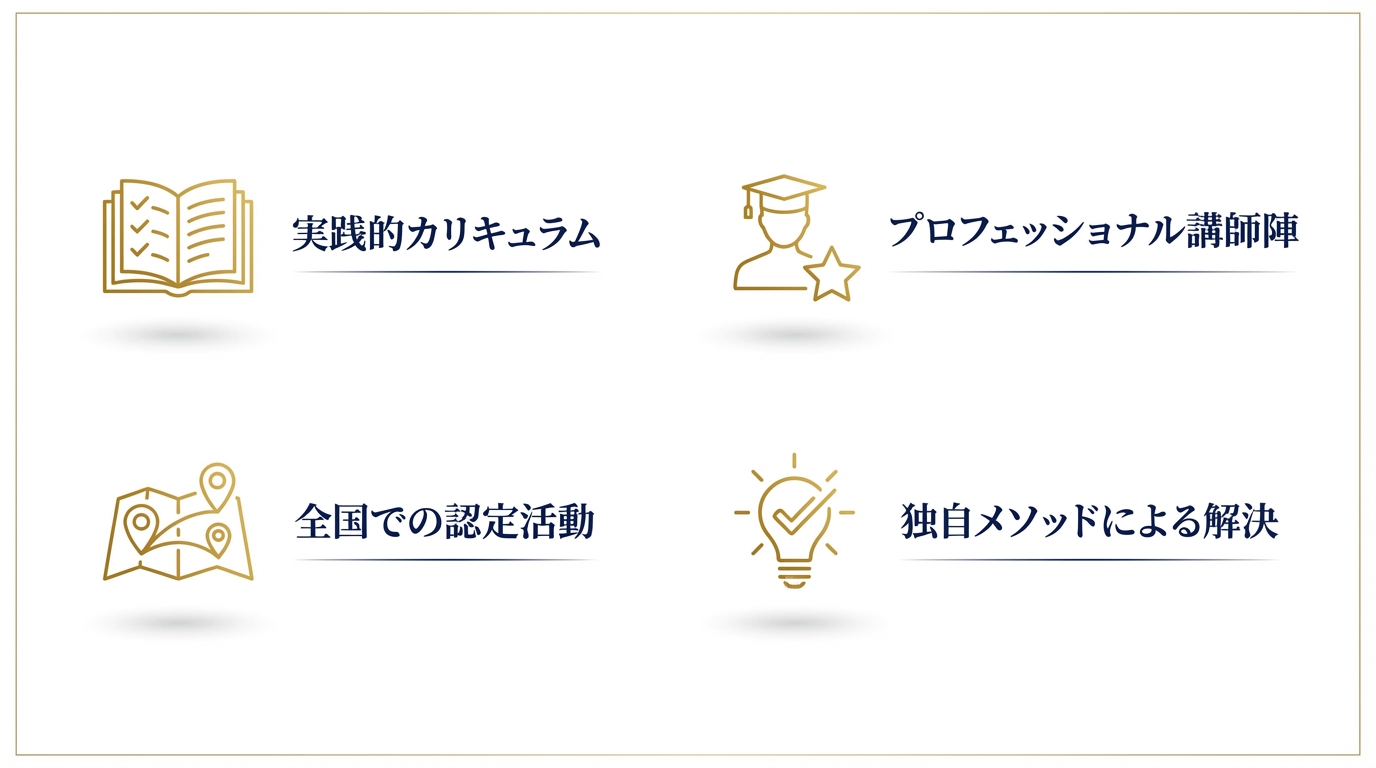 国際コンフィジェンヌ協会の4つの強み：実践的カリキュラム、プロフェッショナル講師陣、全国での認定活動、独自メソッドによる解決